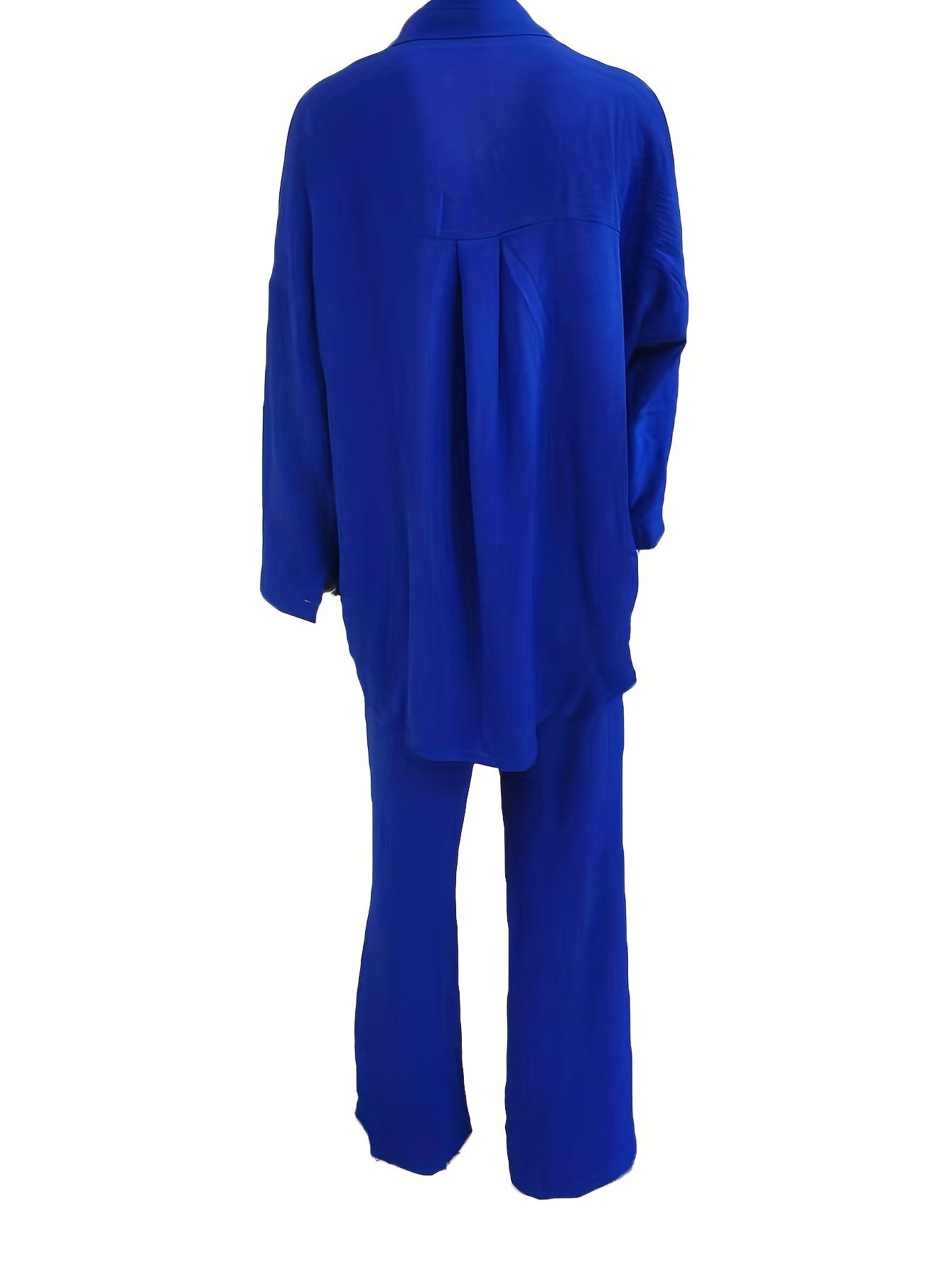 Plus Size Casual Outfits Two Piece Set, Women's Plus Solid Button Up Long Sleeve Turn Down Collar Blouse & Elastic Drawstring Wide Leg Pants Outfits 2 Piece Set