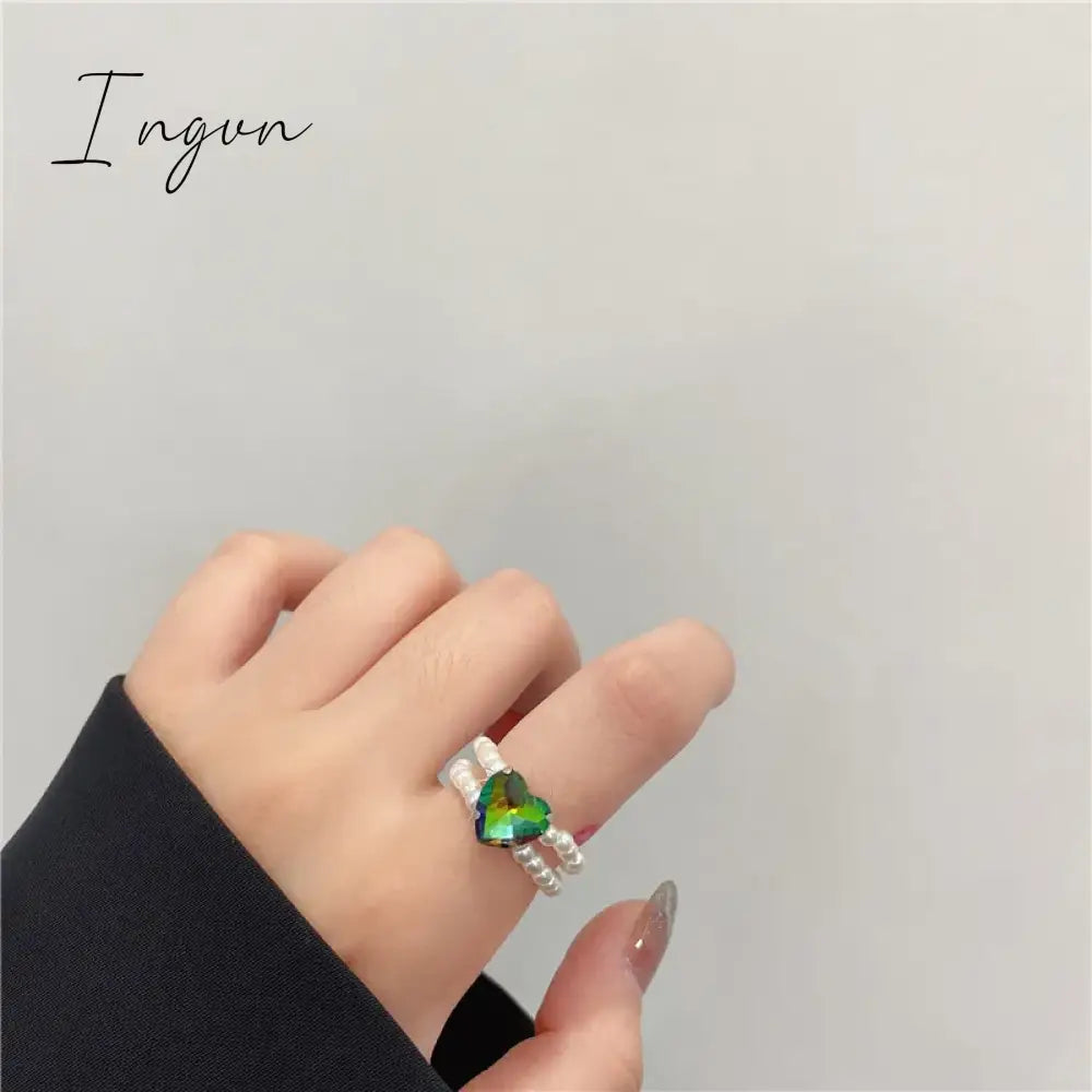 Kpop Romantic Coloful Crystal Pearl Elastic Rope Beaded Ring Smooth Irregular Geometric Square Oval Rings for Women Jewelry