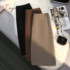 Ingvn - Fashion Elegant Formal Skirts Women Autumn New High Waist Drape Suit Long Brown Skirt Zipper Female