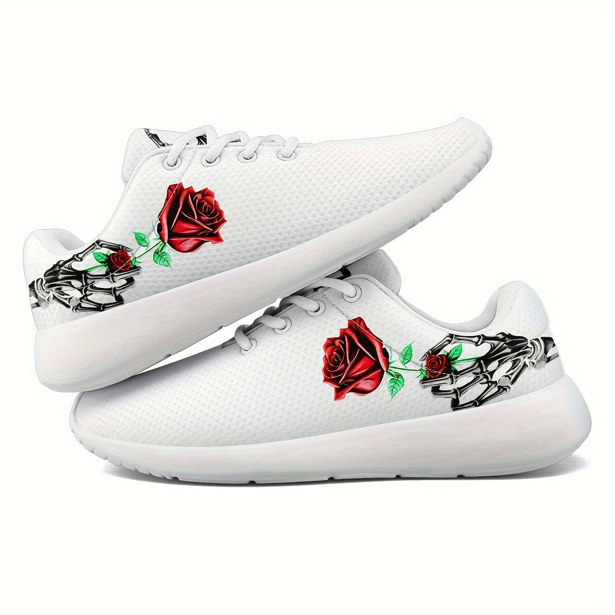 Womens Lightweight Breathable Mesh Sneakers - Cushioning Support, Anti-Slip Shock-Absorbing, Random Printing Skeleton & Rose Decor, Durable Low-Top Lace-up Athletic Shoes for All-Season Wear