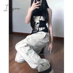 Ingvn - American Y2K White Vintage Cargo Jeans Fashion Pocket High Waist Straight Pants High Street Baggy Wide Leg Denim Trouser Ladies