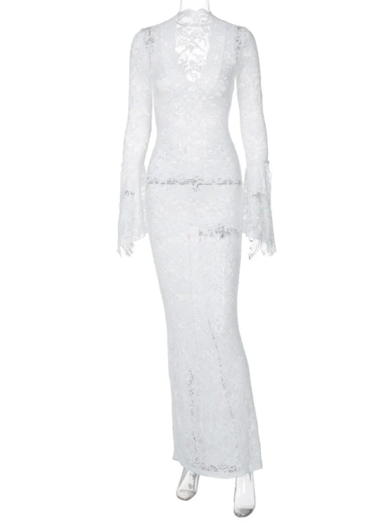 Ingvn  Elegant V-neck Flare Sleeve Hollow Out Long Maxi Lace Dress Women's  Autumn See-through Bodycon White Holiday Party Dresses