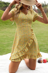Ingvn - Floral Short Sleeve Surplice Neck Ruffled Dress