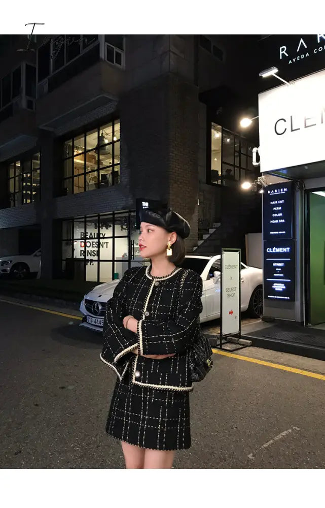 Ingvn - European Style Autumn Winter 2 Piece Set Women Short Woolen Tweed Jacket Coat & Bodycon Mini Skirt Set Women Two Piece Outfits