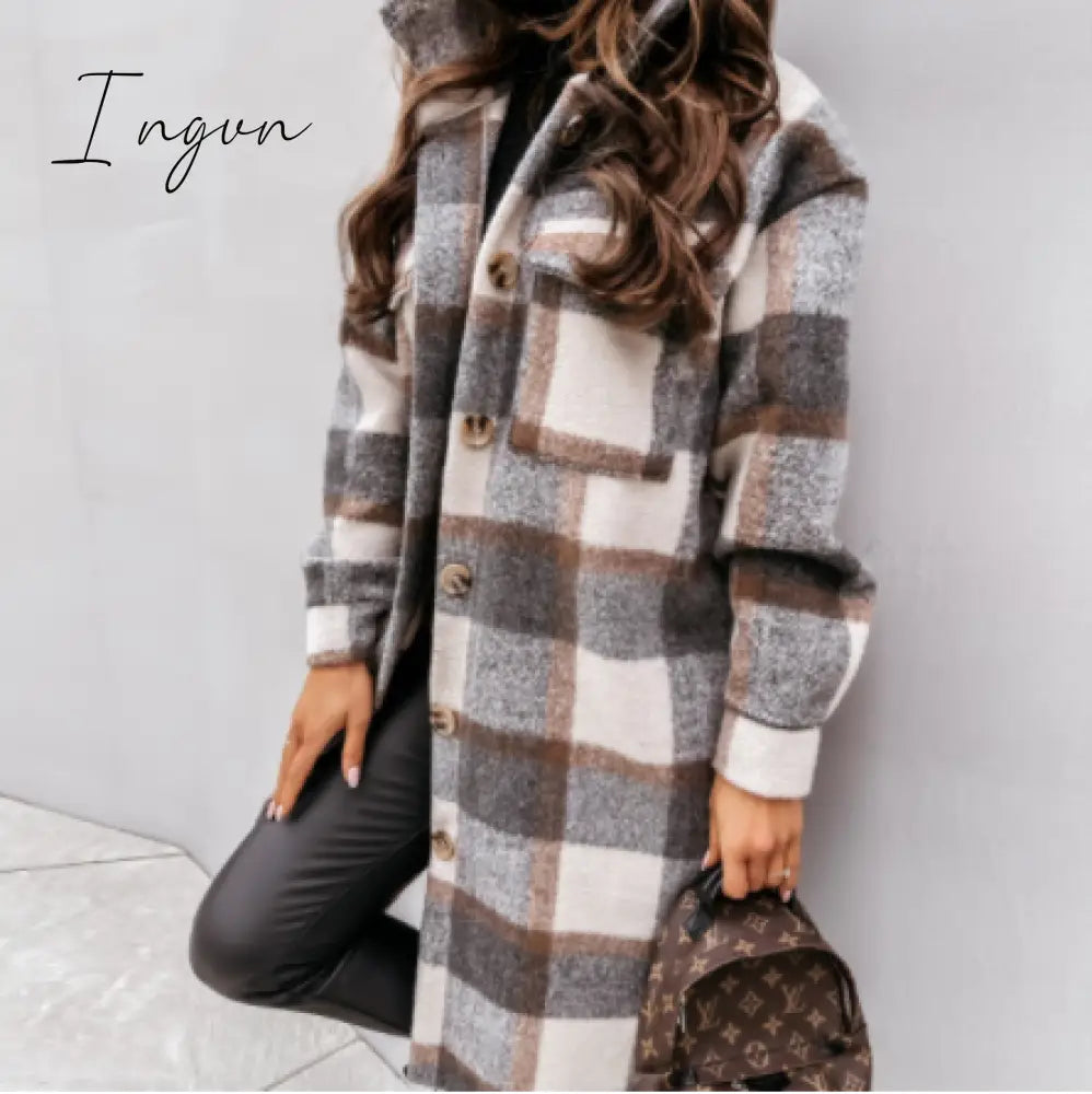 Ingvn - Women Plaid Printed Warm Jacket Autumn Winter New Fashion Casual Long Overcoat Pop Lapel Lady Single Breasted Shirt Coats
