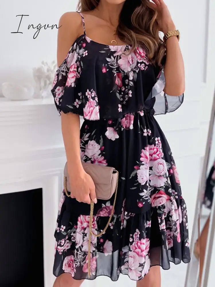 Ingvn - New Fashion Sexy Spaghetti Strap Woman Dress Summer Floral Print Off Shoulder Sundress Elegant Chiffon A-Line Beach Boho Dresses Vestidos