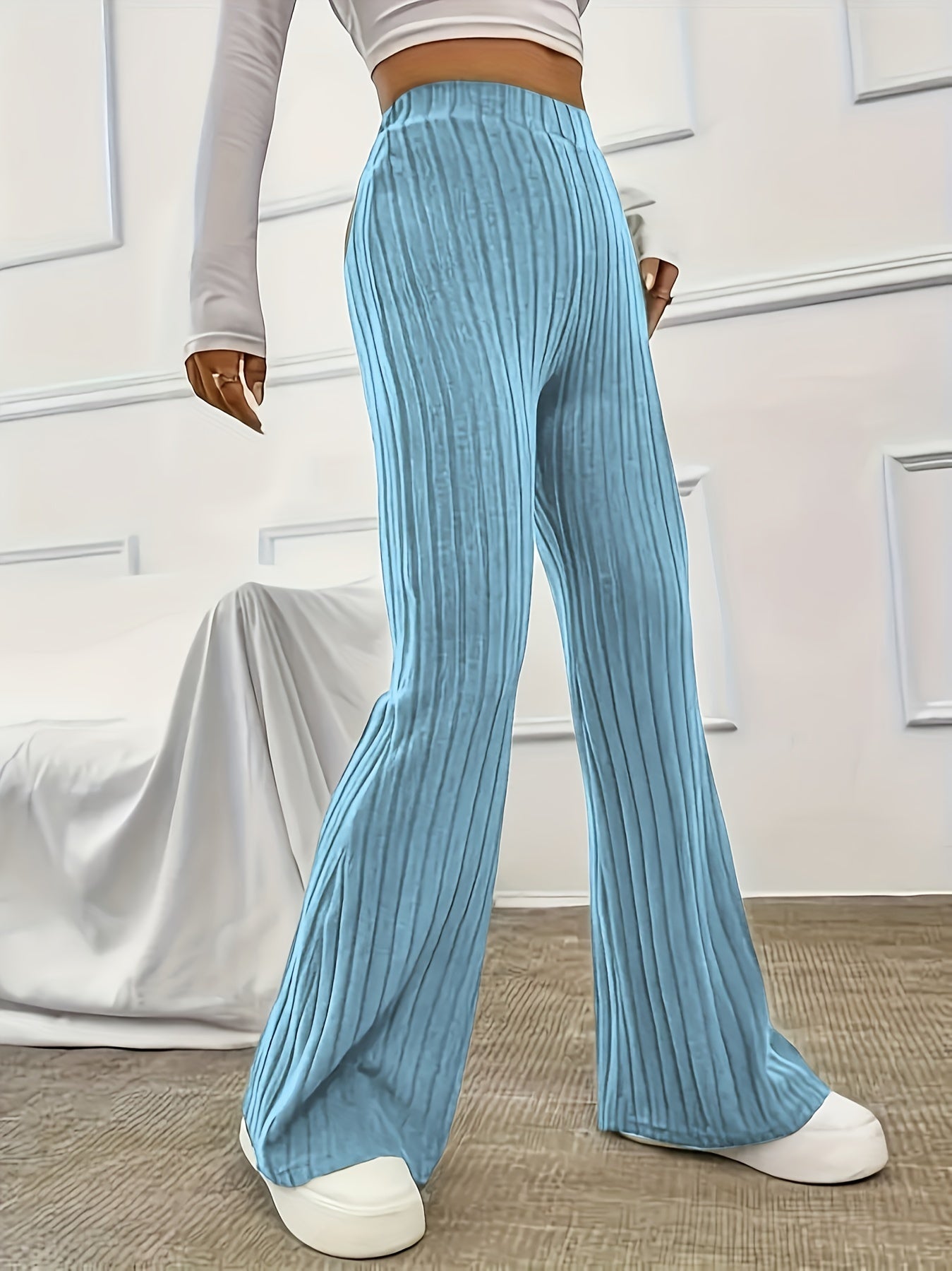 Elegant Ribbed Polyester Long Pants - High Elasticity, Solid Chic, Easy Care, Perfect for Spring & Fall