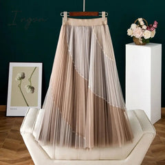 Ingvn - Gauze Patchwork Pleated Midi Skirts Spring Summer New Fashion Streetwear Casual Elastic High-waisted Women's Skirt
