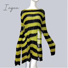 Ingvn - Plus Size Punk Gothic Long Unisex Sweater Dress Women Man Striped Cool Hollow Out Hole Broken Jumper Loose Rock Thin Sweter