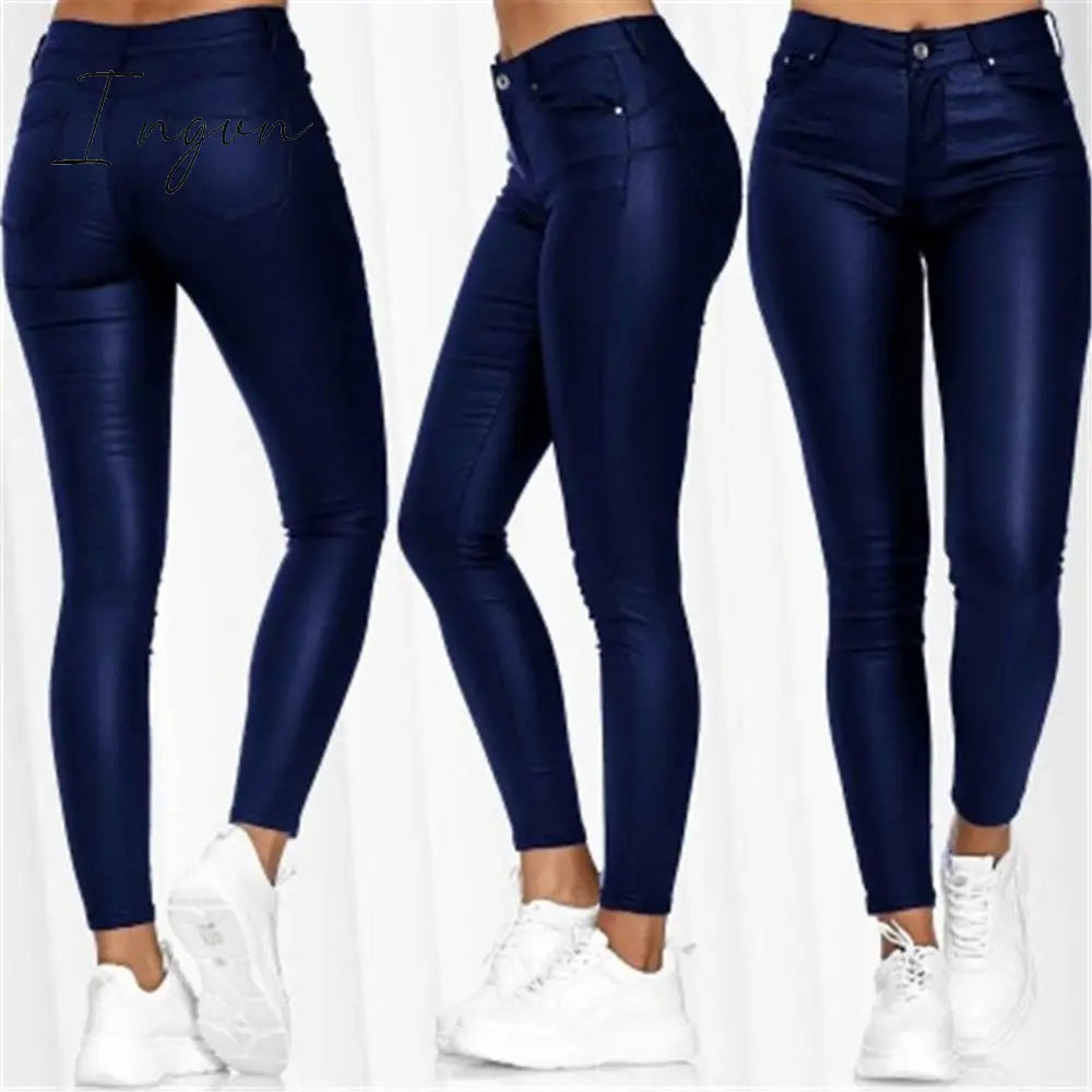 Ingvn - Pure Color Leather Casual Pants Small Feet Pants Spring Women Pu Leather Pants Black Sexy Stretch Bodycon Leather Pants High Red