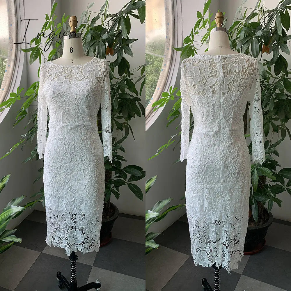 Ingvn - Evening Party Date Women White See Through Hollow Out Floral Lace Bodycon Dress Office Lady Spring Summer Work Basic Dresses