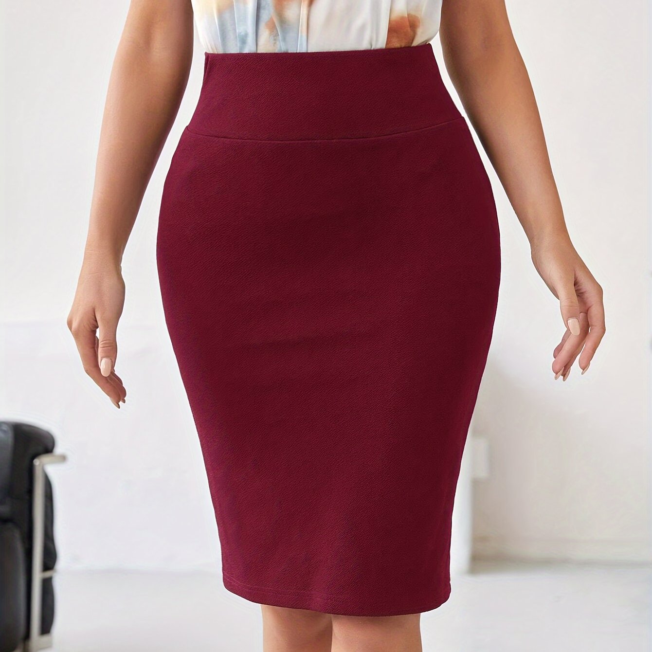Solid Color Knee Length Sheath Skirt, Elegant High Waist Skirt For Work & Office, Women's Clothing
