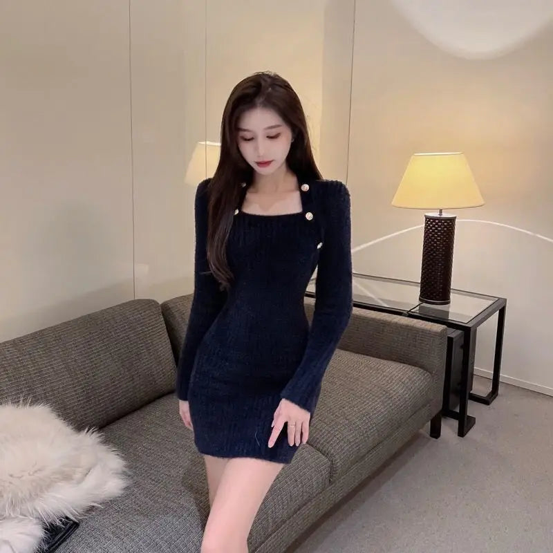Fashion Korean Mini Dresses Female Autumn Winter Sexy Bodycon  Wrap White Short Women's Sweater Knitted One-piece Dress Hit