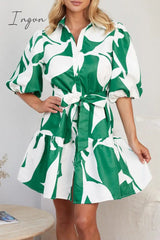Ingvn - Casual Geometric Print Bandage Turndown Collar A Line Dresses