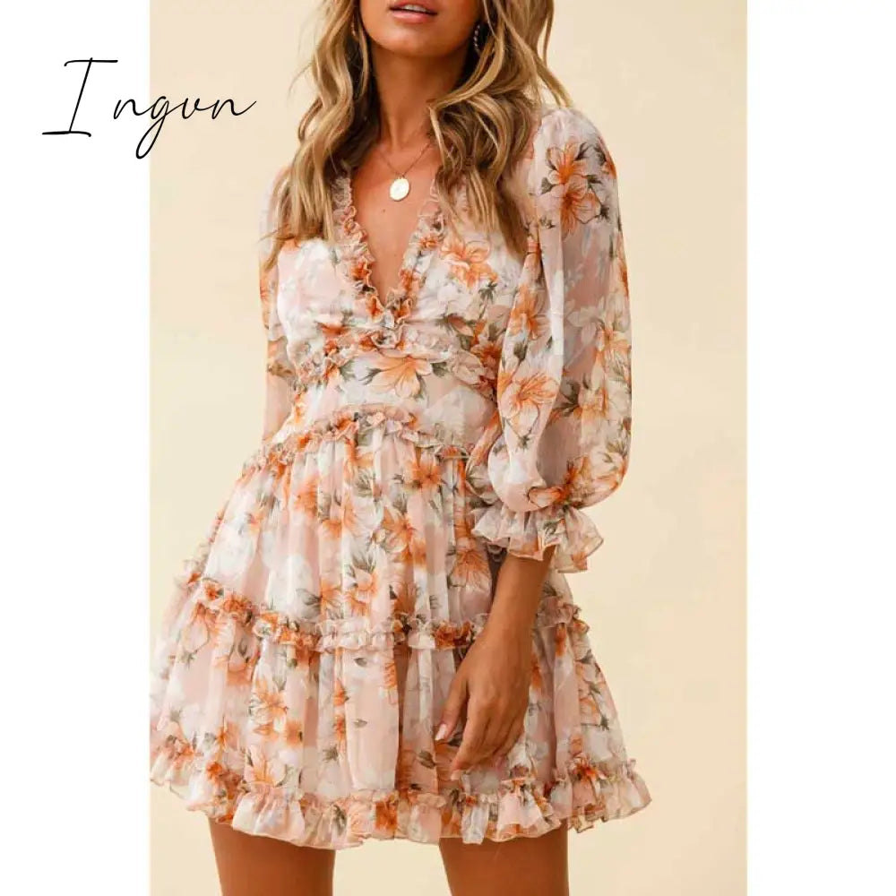 Ingvn - Harlow Floral Print Ruffle Dress women backless V-neck dress women mini summer dress ladies party dress
