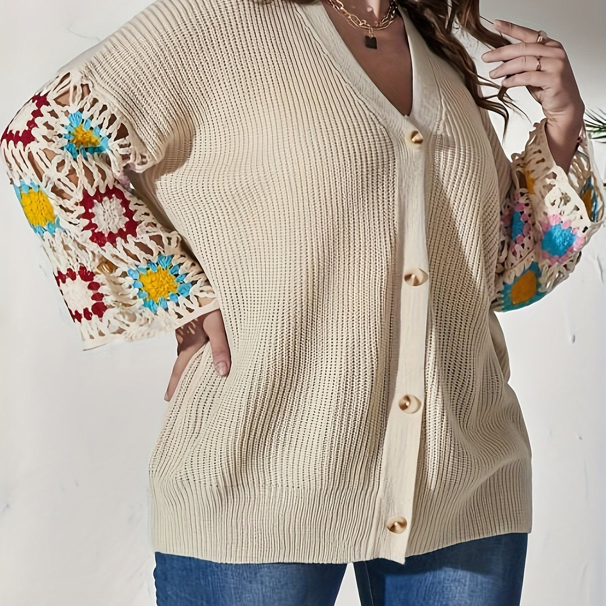Long Sleeve Women's Color Block Hollow Out Button Cardigan for Spring & Fall Season