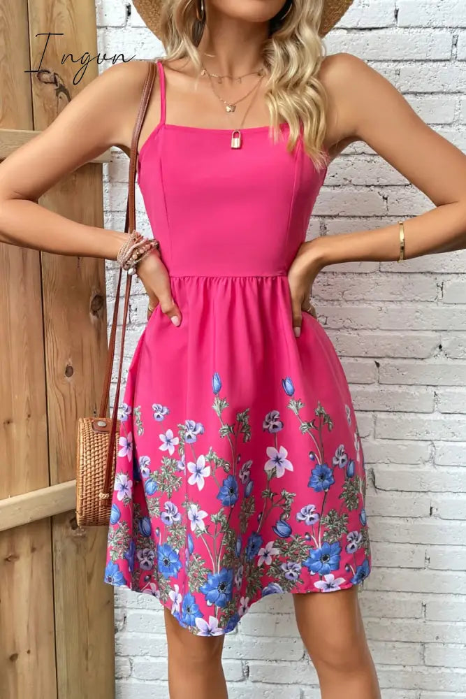 Ingvn - Floral Spaghetti Strap Mini Dress