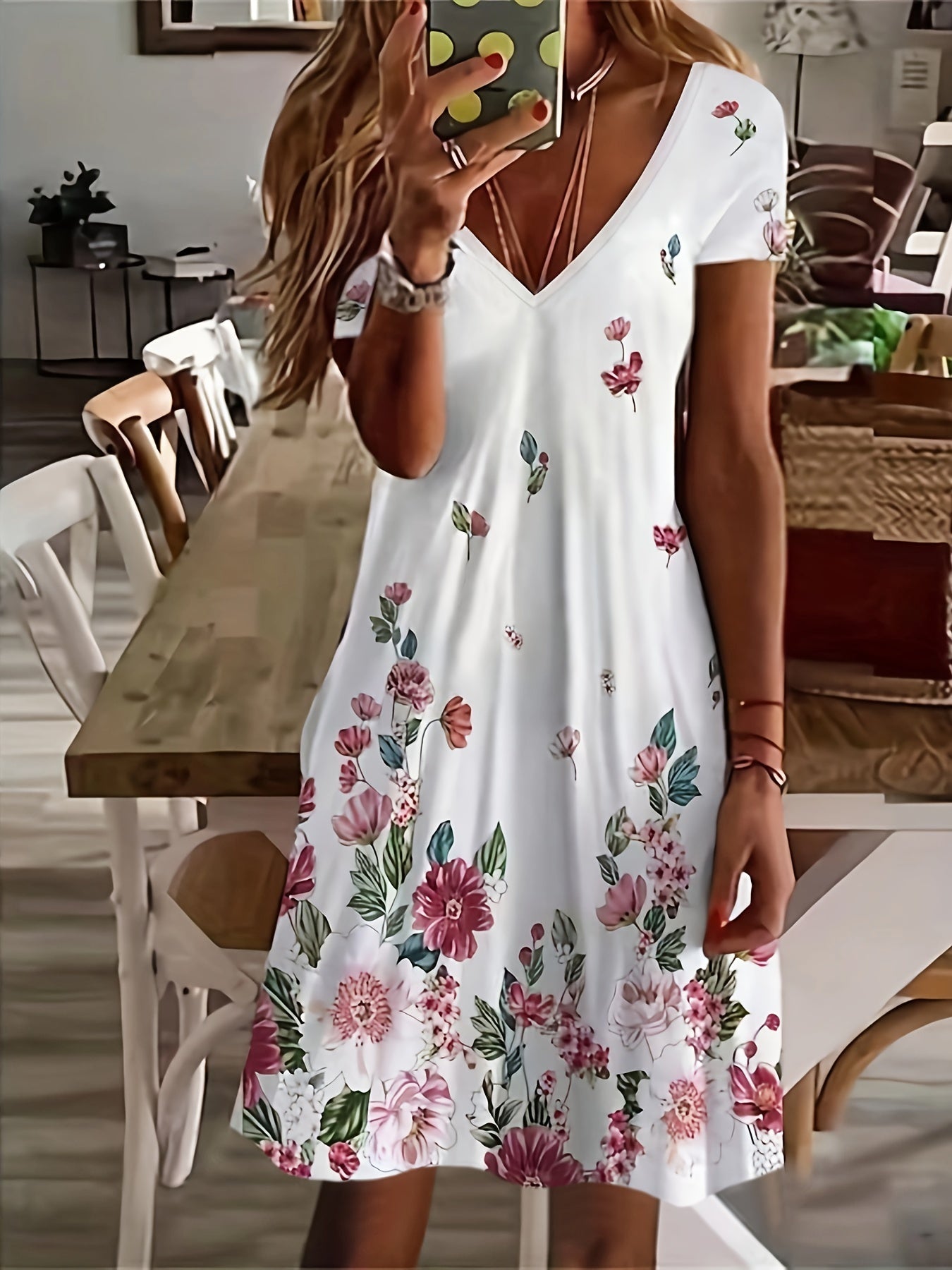 Chic Ditsy Floral Knee-High Dress – V-neck, All-Season Casual Wear, Easy-Care Polyester Lining, Mid Elasticity Fabric