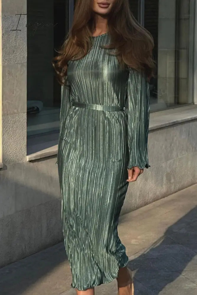 Ingvn - Elegant Solid Pocket Fold O Neck A Line Dresses