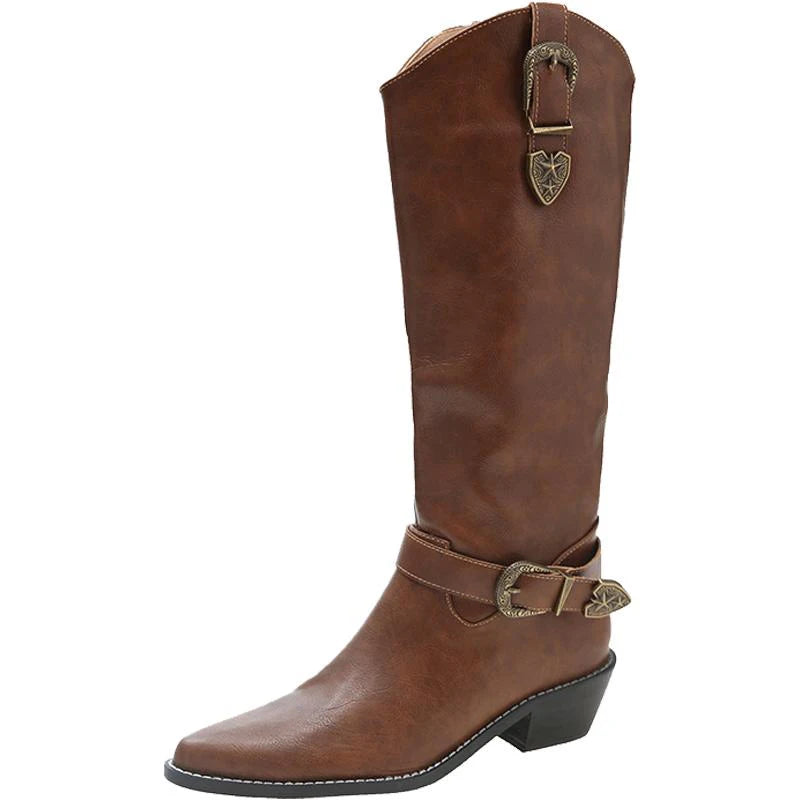 Ingvn  Vintage Pointed Toe Women Western Cowgirl Boots Fashion Elegant Belt Buckle Shoes Square Heels Ladies Knight Long Shoes