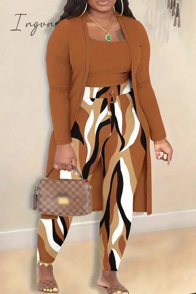 Ingvn - Black White Elegant Print Patchwork Draw String O Neck Plus Size Three Pieces