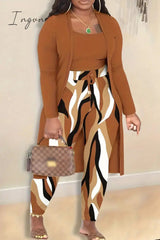 Ingvn - Black White Elegant Print Patchwork Draw String O Neck Plus Size Three Pieces