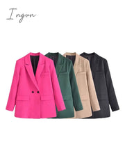 Ingvn - Women Fashion Solid Double Breasted Blazers Female Elegant Long Sleeves Loose Jacket Coats Office Ladies Outerwear Top