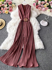 Ingvn - Vintage Notched Collar Draped Rompers For Women Casual Sleeveless High Waist Wide Leg Playsuits Female Beige/Green Jumpsuit