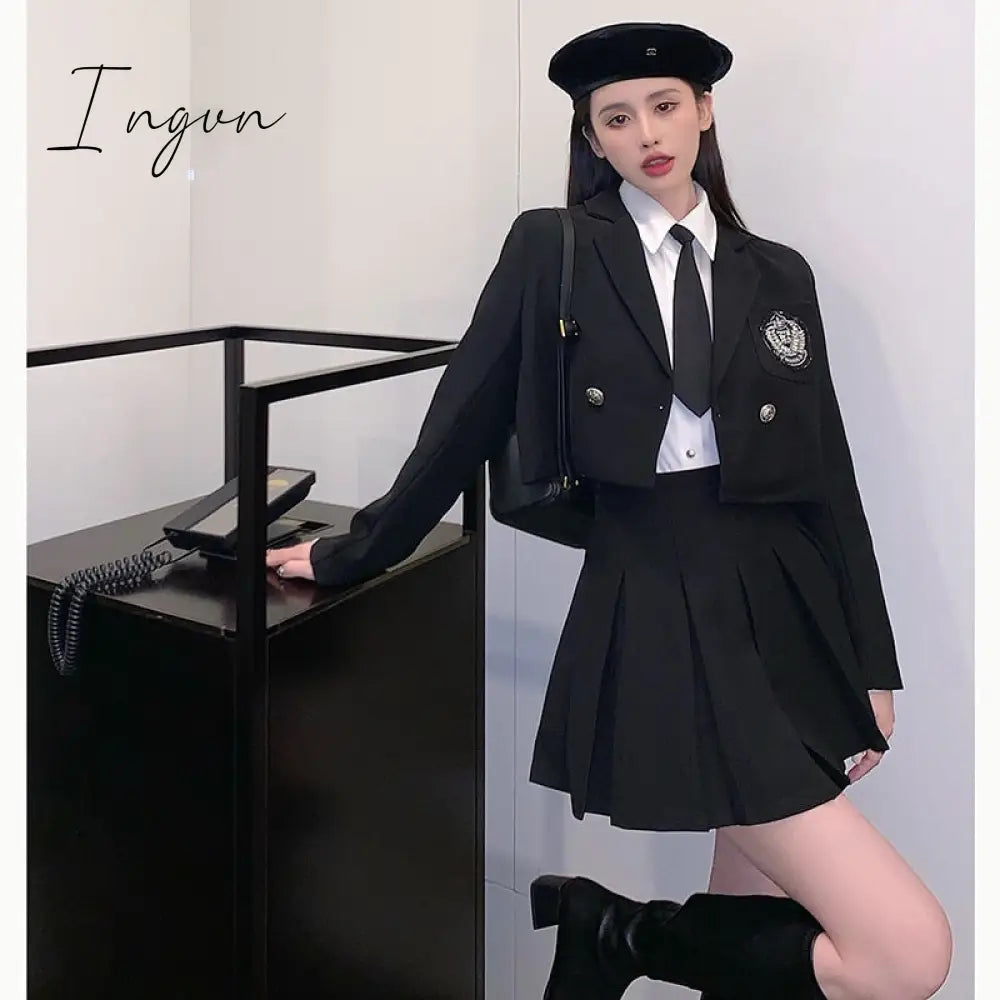 Ingvn - JK Blazer Skirt Set Female Short Suit Jacket + Pleated Skirt Spring Autumn Professional Wear Elegant Goddess Two-piece Set