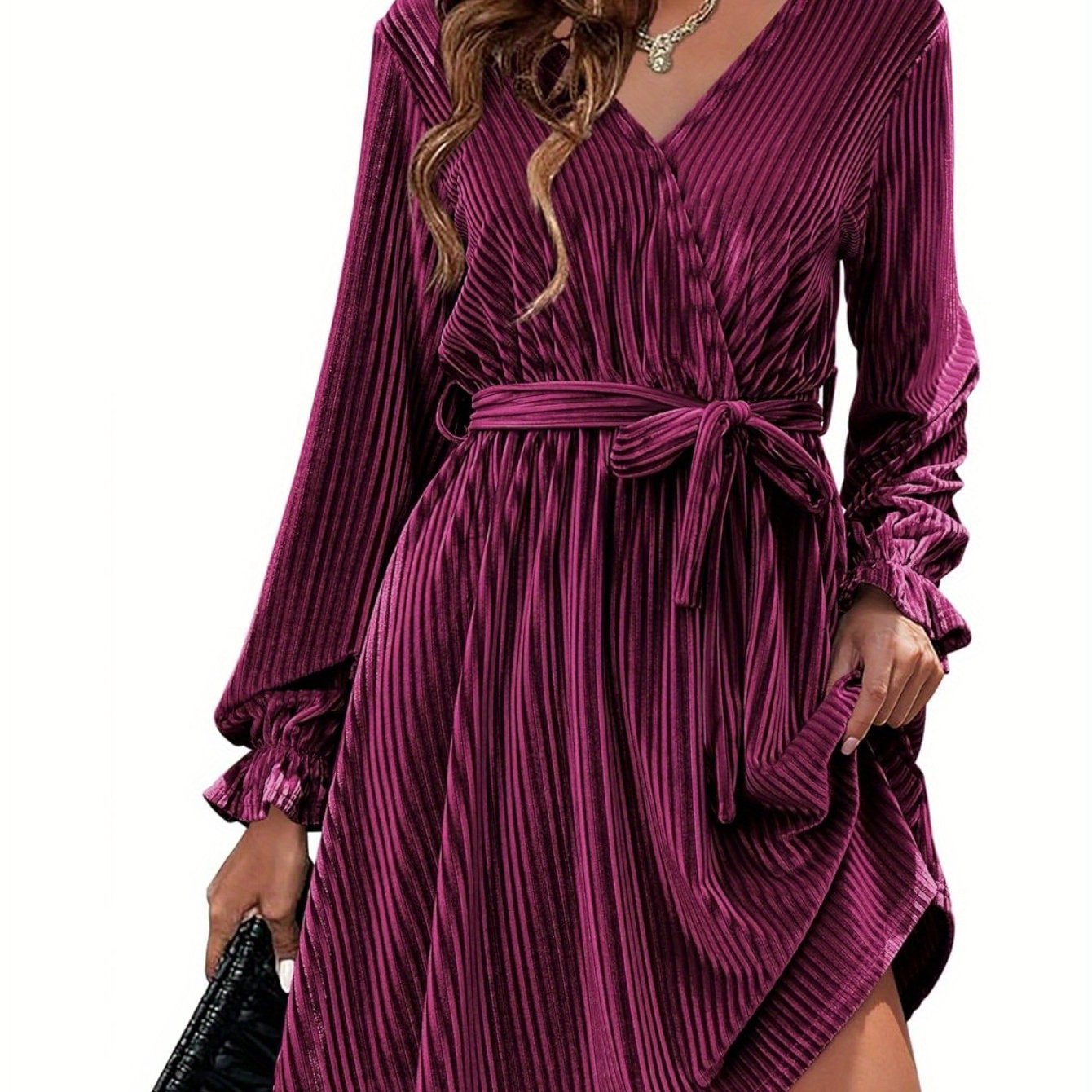 Womens Wedding Guest Dresses V Neck Wrap Dress with Belt Ruffle Lantern Sleeve Velvet Wrap Dresses