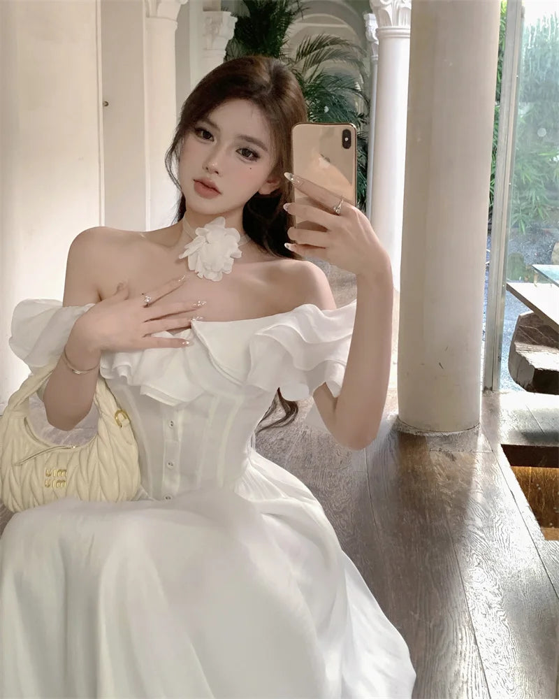 French Vintage White Strapless Midi Dresses for Women Summer New Elegant Party Sleeveless Slim Evening Prom Female Clothing