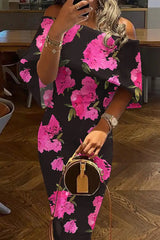 Ingvn - Casual Print Patchwork Off the Shoulder Pencil Skirt Dresses(7 Colors)