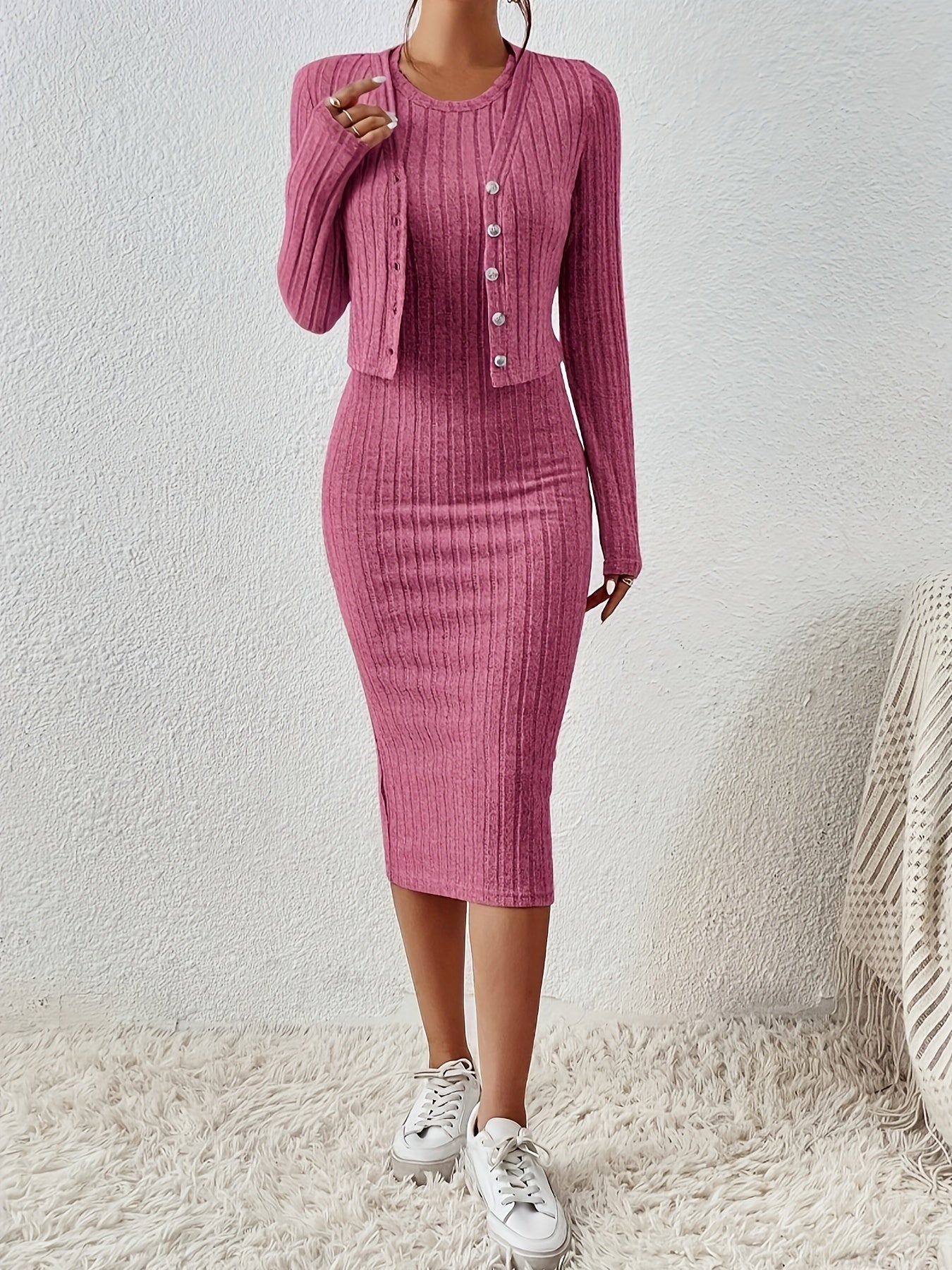 Chic Solid Two-Piece Set - Flattering Single-Breasted Cardigan & Sleeveless Bodycon Dress Outfit - Perfect for Casual or Formal Wear - Womens Fashion Clothing