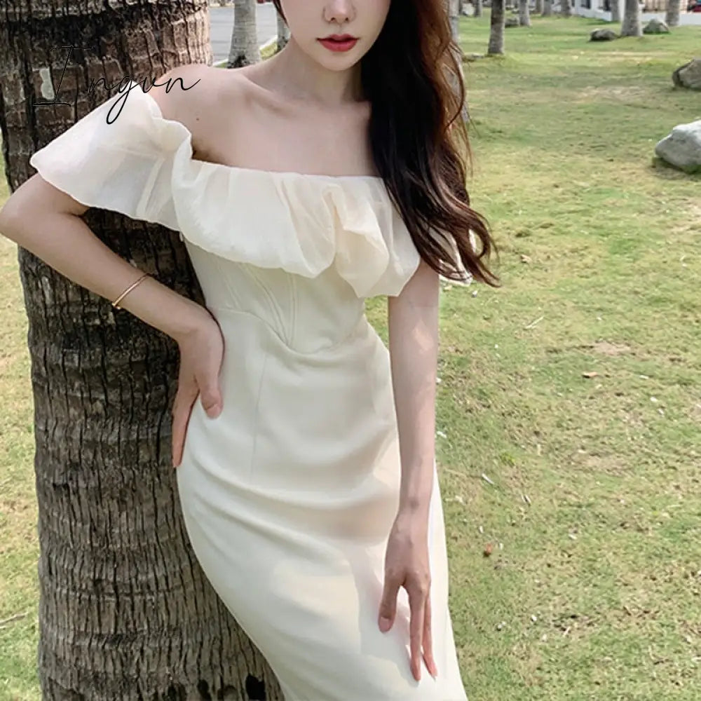 Ingvn - Vinatge Elegant Apricot Dress Women Slash Neck Mesh Patchwork Puff Short Sleeve Off Shoulder Dresses Bodycon Vestido