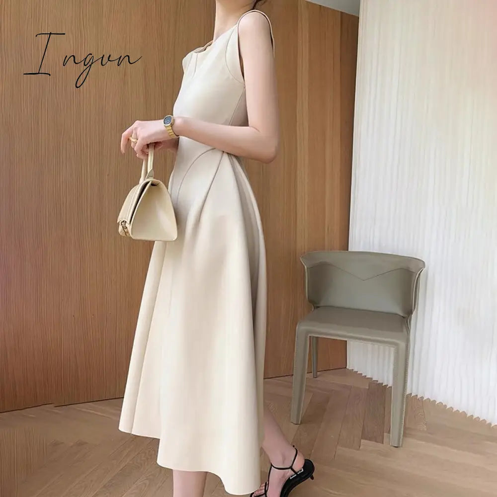 Ingvn - Sleeveless Summer Party Dress Women O-Neck High Waist Long Midi Dress Elegant A-Line Cotton Office Lady Hepburn Korean