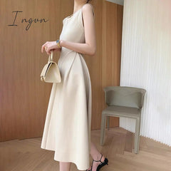 Ingvn - Sleeveless Summer Party Dress Women O-Neck High Waist Long Midi Dress Elegant A-Line Cotton Office Lady Hepburn Korean