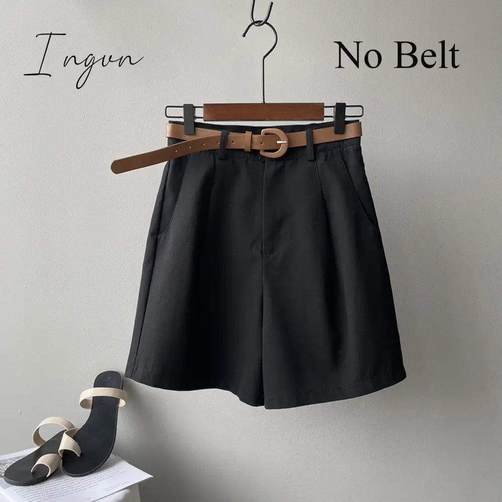 Ingvn - Summer Wide Leg Shorts Women Office High Waist Suit Shorts Beige Oversize Loose Button Solid Classic Casual Shorts With Belt New