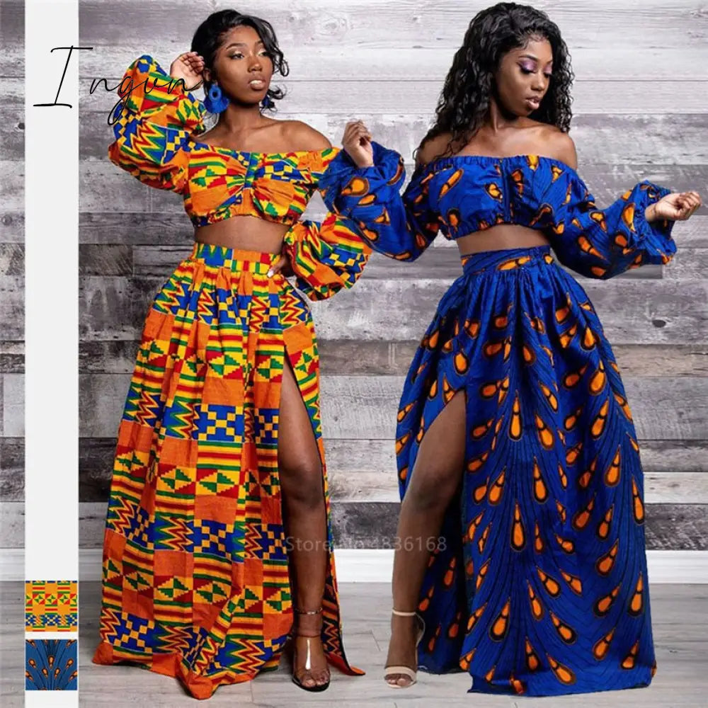 Ingvn - African Dresses for Women Autumn 2-piece Set Lady Full Sleeve Shoulder Off Festher Dashiki Print Split Skirts Africna Clothes