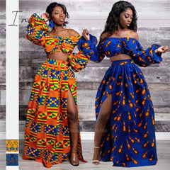 Ingvn - African Dresses for Women Autumn 2-piece Set Lady Full Sleeve Shoulder Off Festher Dashiki Print Split Skirts Africna Clothes