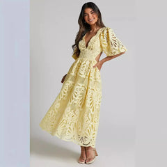 Sexy Hollow Out Long Dress Summer New Arrival V-neck Lace Embroidery Women's Clothing