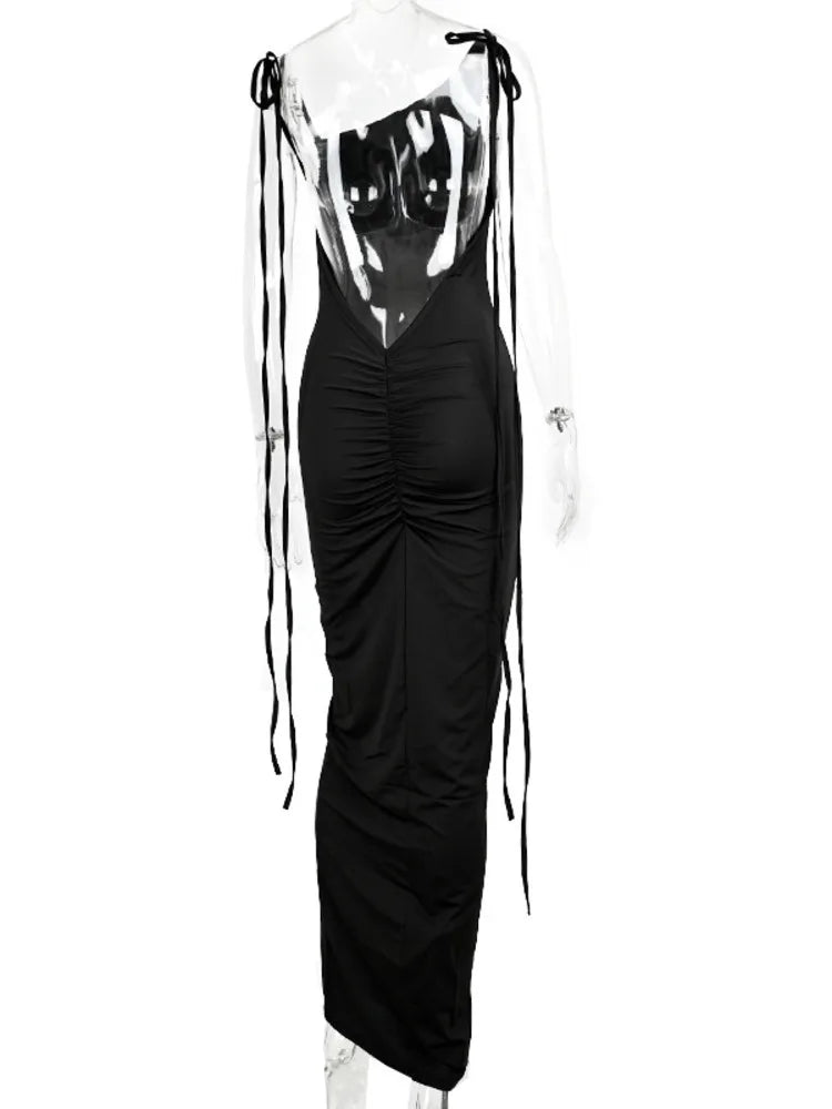 Sexy Lace Up Backless Pleated Bodycon Dress For Women New Fashionable Elegant Party Sleeveless Slim Club Evening Dress