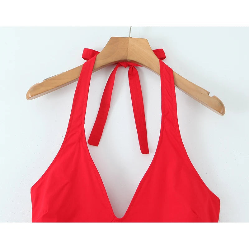 Red Elegant Slim Evening Party Dresses For Women Sexy Backless Low Waist  A-line Midi Long Halter Dress Cotton Robe