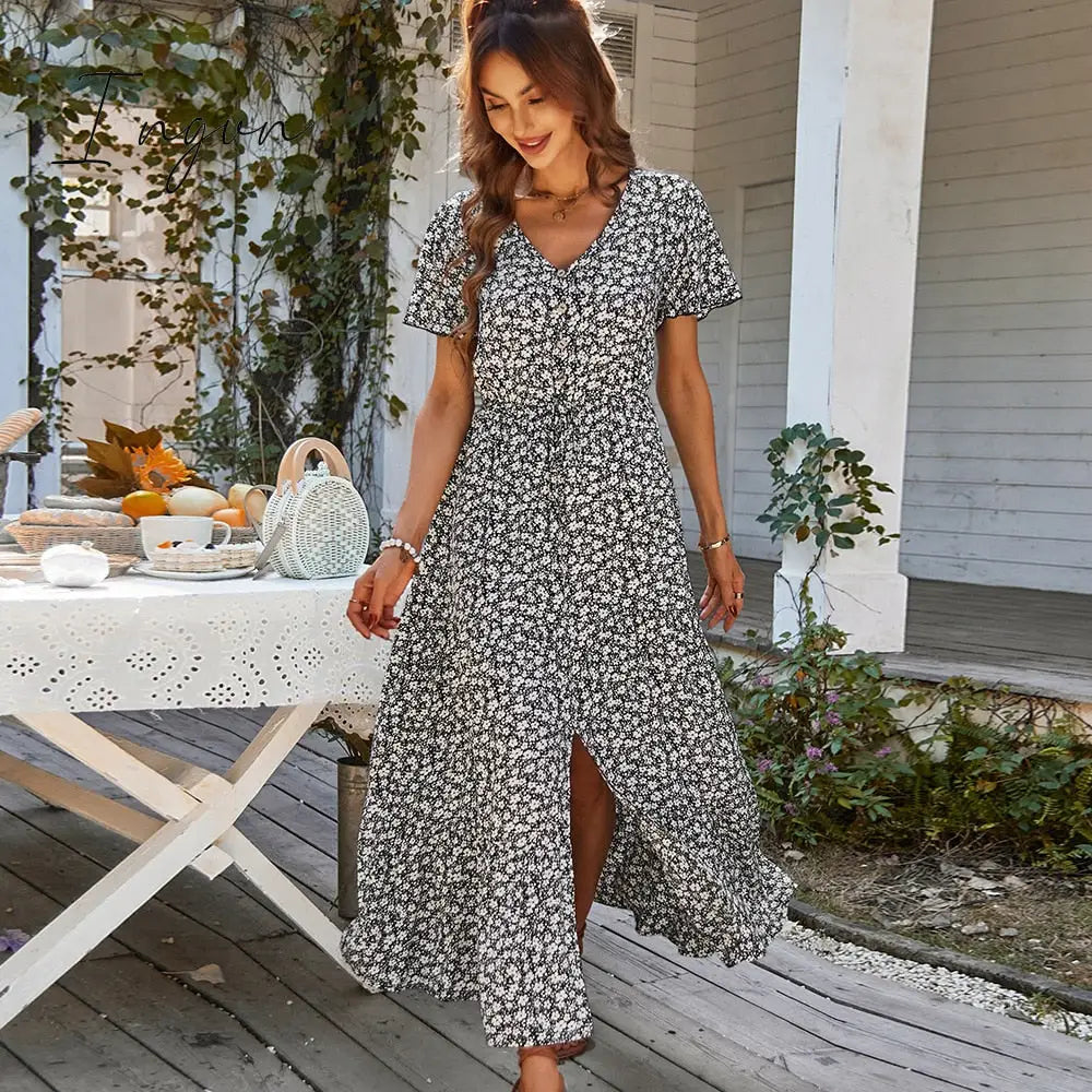 Ingvn - Ladies Vintage Long Floral Print Summer Dress Women Loose Casual Button Bohemian Beach Dress Women Sundress Robe Vestidos Female