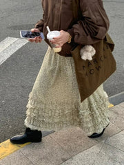 Vintage Floral Half Skirt Women Spring Edge of Fungus Cake Skirts A-line Elastic Waist Skirt Korean Style Y2k Faldas