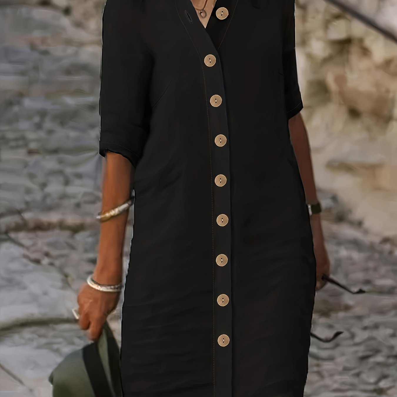 Chic Midi Dress with Button Detail - Womens Half Sleeve Casual Dress - Versatile Day-to-Night Style