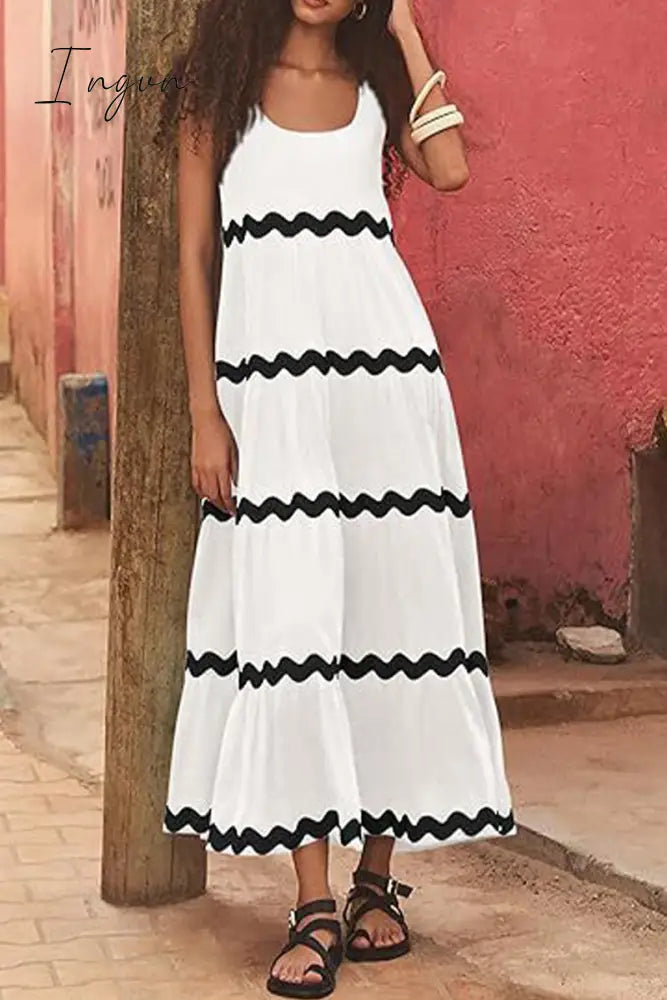 Ingvn - Sexy Simplicity Print Ripple Contrast U Neck Sleeveless Dress Dresses