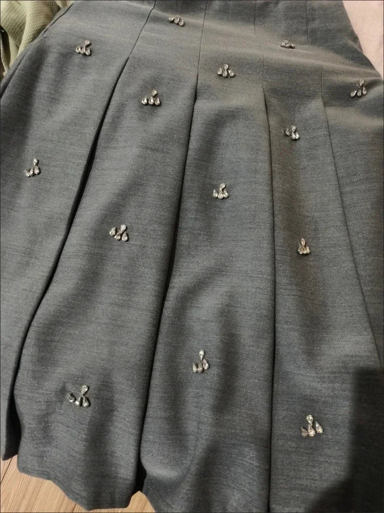 Korean Bead Half Skirt Vintage Preppy A-line Pleated Skirt Slimming Sweet Umbrella Skirts for Woman Faldas Para Mujeres