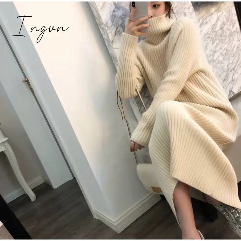 Ingvn - Turtleneck knitted sweater dress ladies fall winter elastic cashmere bottoming shirt midlength over the knee thick sweater dress