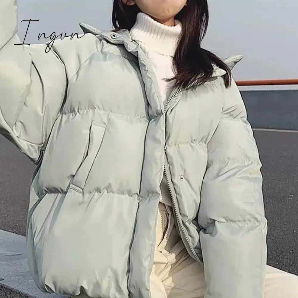 Ingvn - winter women's hooded zipper loose down jacket women's solid color short wild Korean version of the new