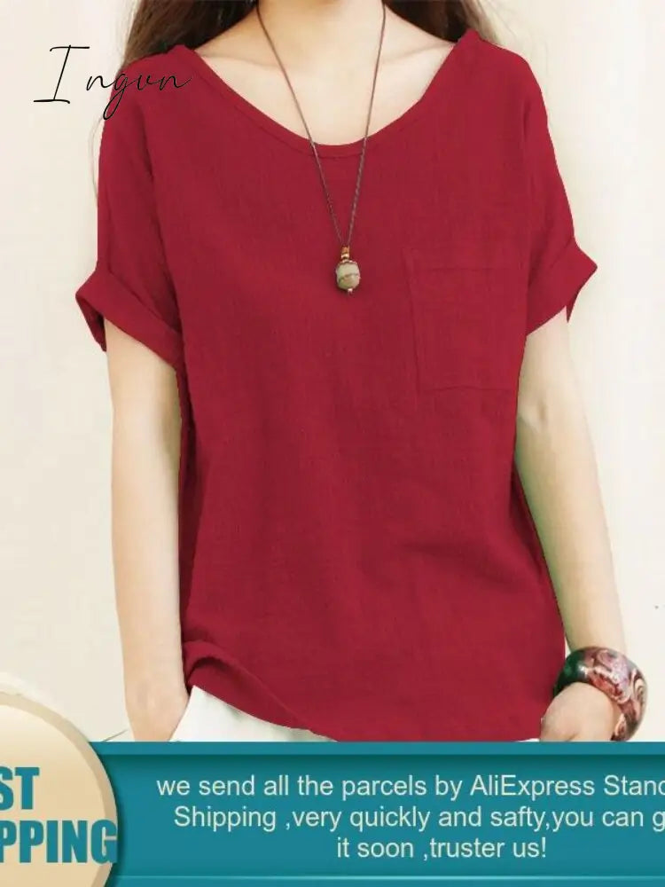 Ingvn - Green Loose Cotton Linen Blouse Oversize 5XL Blouses Women 2023 Summer Shirts Casual Short Sleeve O Neck Solid Shirt Lady Tops